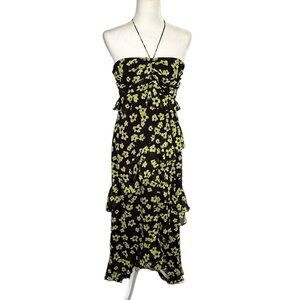 WAYF black and lime green floral tiered maxi dress summer vacation travel size M